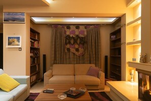 Una televisión, una chimenea, un reproductor de DVD, libros