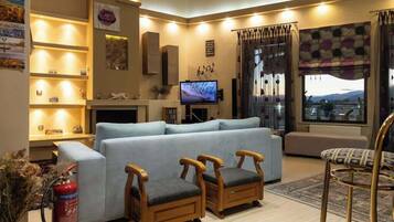 TV, fireplace, DVD player, books