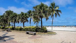 Eine Uferpromenade mit Palmen, Bänken und einem Sandweg zum Strand.