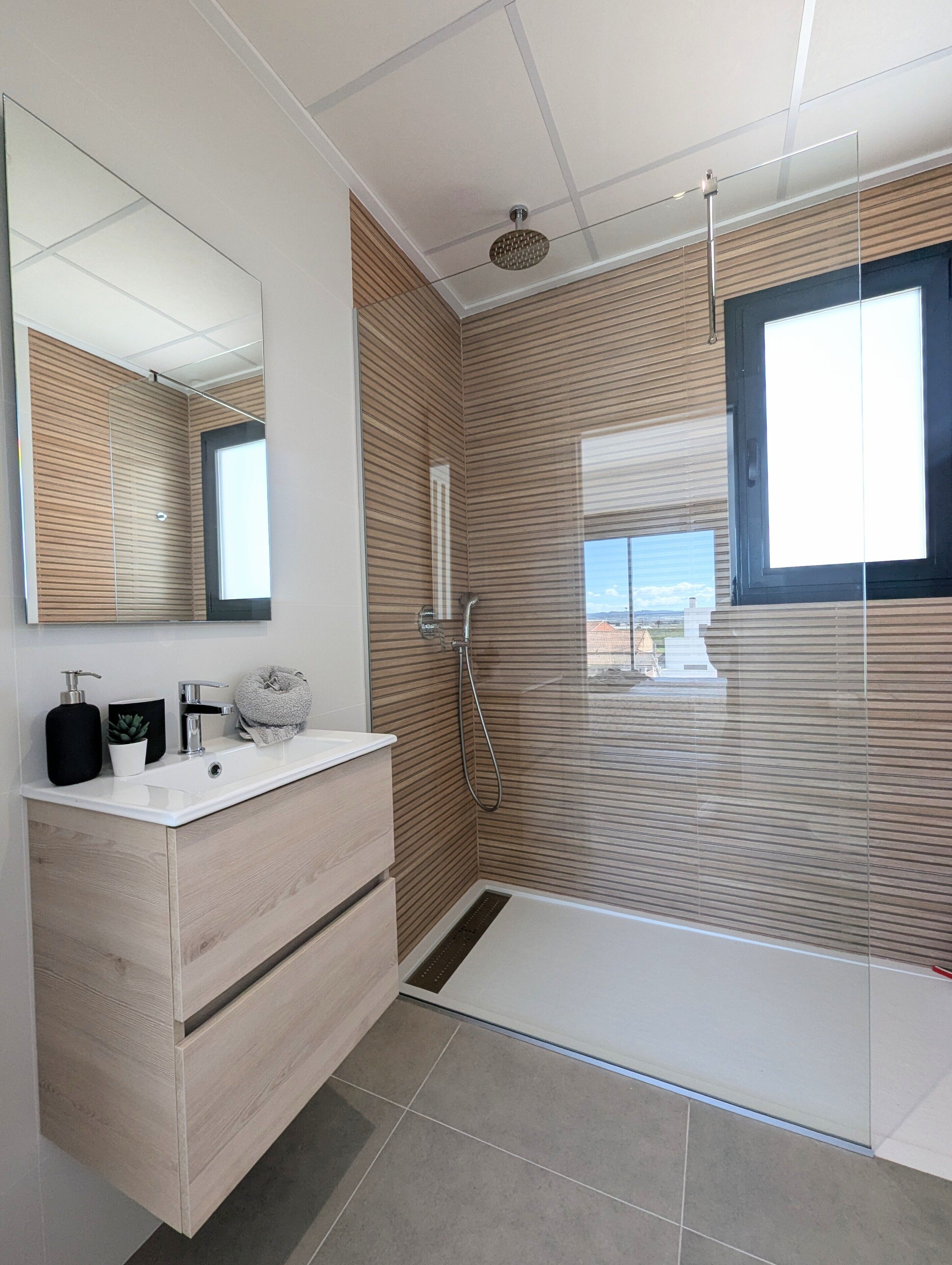 Shower, hair dryer, towels