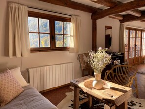 Una televisión, una chimenea, un reproductor de DVD