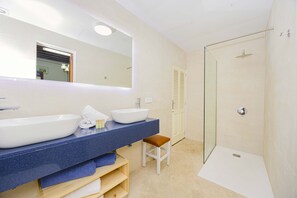 Douche, séchoir à cheveux, serviettes fournies