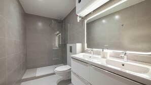 A modern bathroom with a walk-in shower, a toilet, and a vanity with a large mirror and two sinks. - Elegant, fully equipped, air-conditioned accommodation (Le Pré-Saint-Gervais)