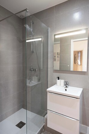 Shower, hair dryer, towels