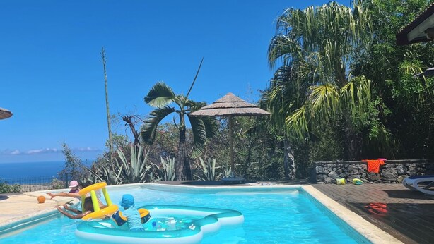 Zona de piscina con vista al océano, rodeada de palmeras y sombrillas de paja.
