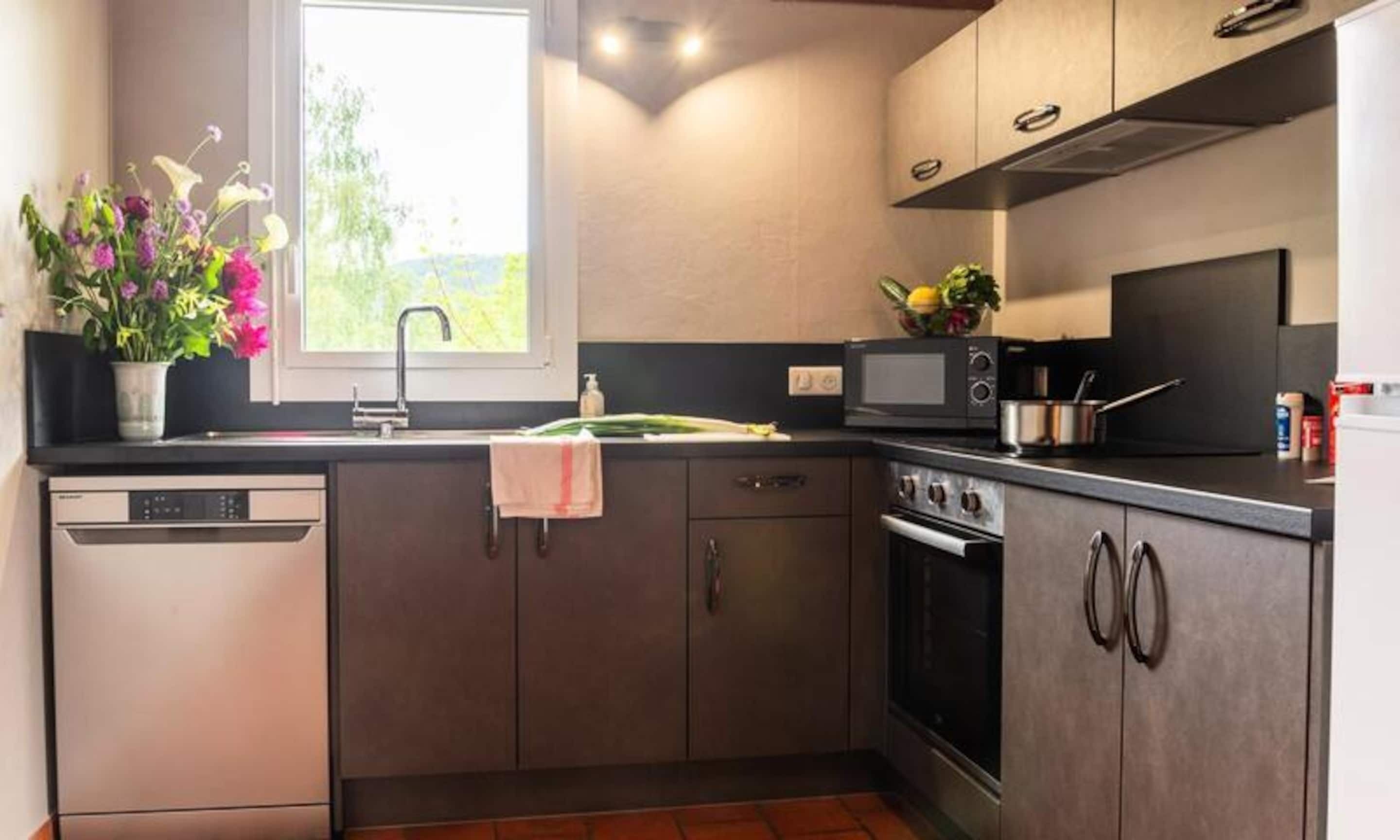 Fridge, oven, dishwasher, cookware/dishes/utensils