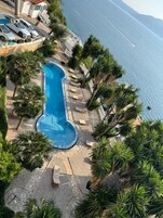 Una piscina de diseño curvo, rodeada de palmeras y sillones de descanso, con vista al mar y montañas al fondo.