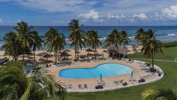 A pool area with a clear view of the ocean, surrounded by palm trees and lounge chairs.