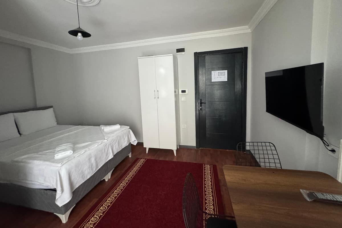 A bedroom with a bed, a TV, a wardrobe, and a door.