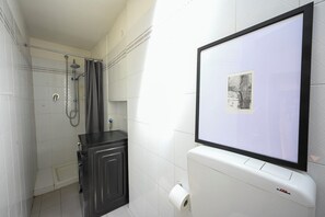 A bathroom with a toilet, a shower, and a mounted picture frame. - Defstero Asteri (Reggio nell'Emilia)