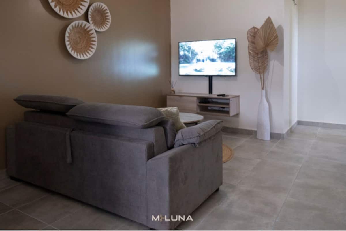 Ein modernes Wohnzimmer mit einem grauen Sofa, einem Flachbildfernseher und Wanddekoration.