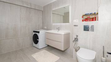 Shower, hair dryer, bidet, towels