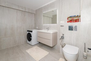 Shower, hair dryer, bidet, towels