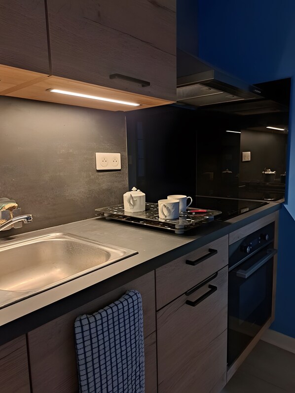 Frigorífico, microondas, horno y placa de cocina