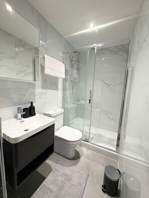 Shower, hair dryer, towels, soap