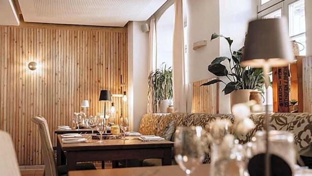Un comedor acogedor con paneles de madera, un sofá y plantas en macetas.