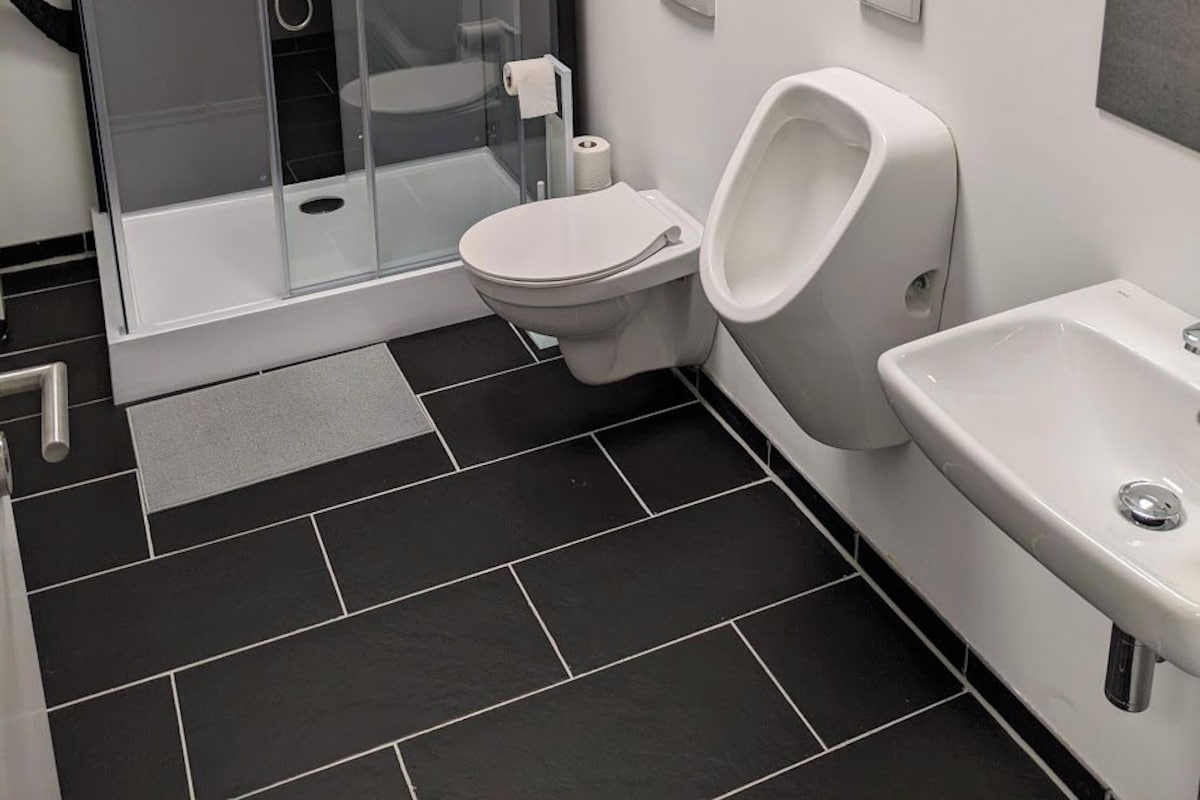A modern bathroom with a glass shower enclosure, a toilet, and a sink.