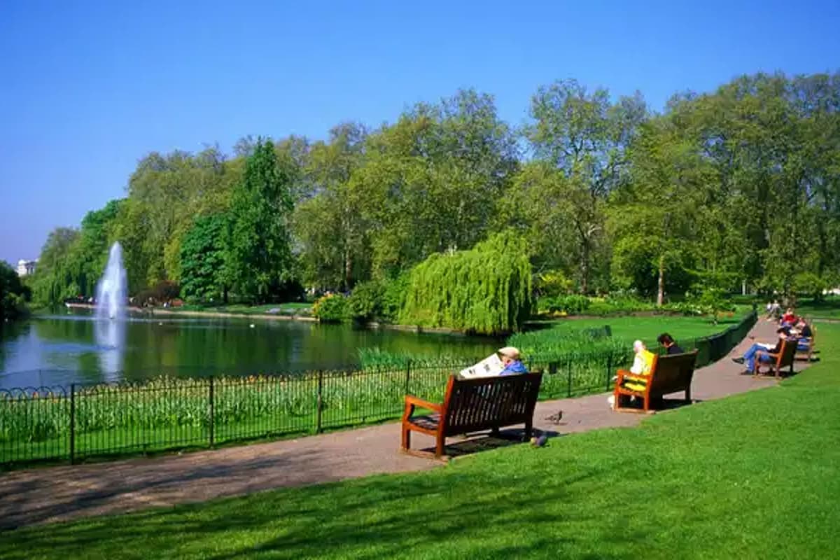 Een park met een vijver, banken en een fontein.