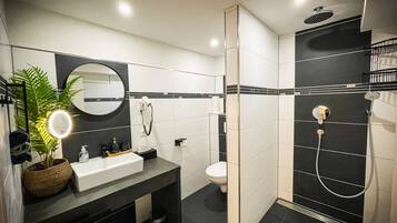 Shower, hair dryer, towels