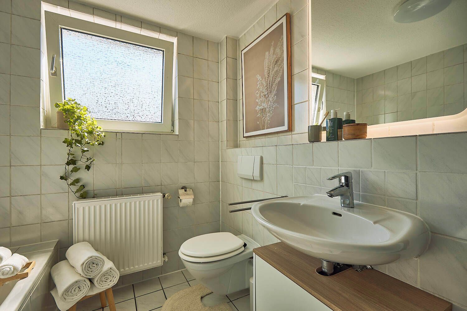 Hair dryer, towels, soap, toilet paper