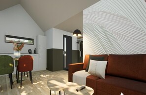 Ein modernes Wohnzimmer mit einer braunen Couch, einem Couchtisch und einem Essbereich mit Tisch und Stühlen.