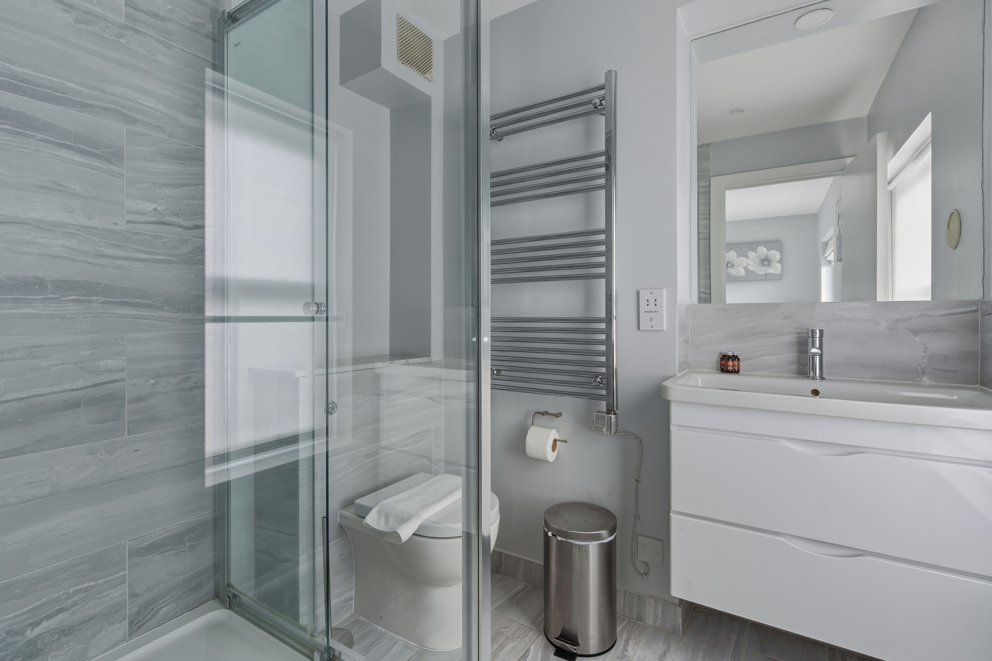 Hair dryer, towels, soap, toilet paper
