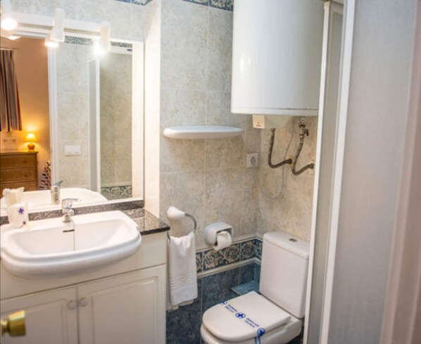 Une salle de bain équipée d’un lavabo, d’un miroir, de toilettes et d’une douche.
