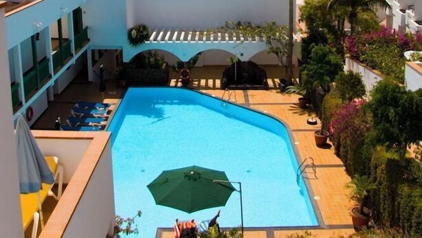 Ein Poolbereich mit Meerblick, umgeben von Palmen und Liegestühlen.