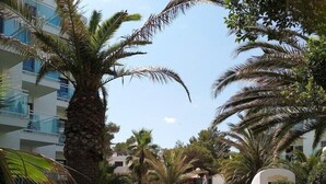 A courtyard with palm trees, a stone wall, and a building with balconies. - Aparthotel Nereida (Sant Josep de sa Talaia)