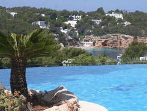 A clear view of a swimming pool with a palm tree in the foreground, surrounded by rocks and greenery. In the background, there are buildings on a hillside overlooking a body of water. - Apartamentos Del Rey (Sant Joan de Labritja)