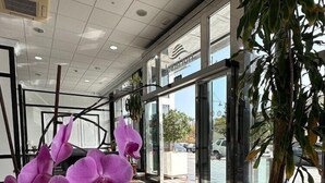 A hotel lobby with a checkered floor, potted plants, and a large window. - Apartamentos Nuriasol (Fuengirola)