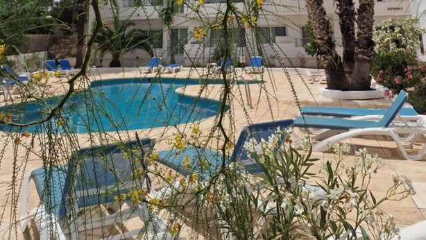 A pool area with lounge chairs, palm trees, and a building in the background. - Apartamentos Costamar 2 (Formentera)