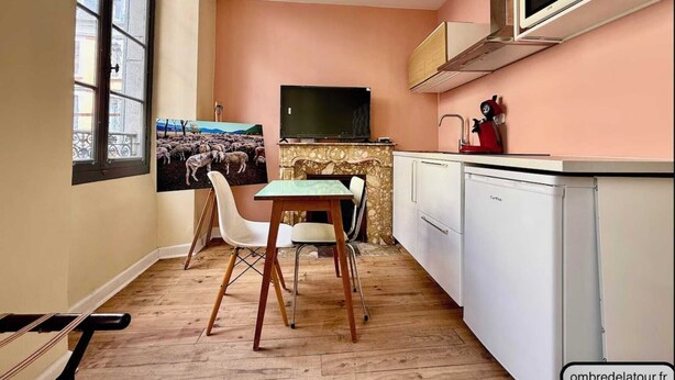 A compact kitchen with a dining area, a television, and a window with a view of sheep. - Renovated studio in Lourdes - Rue de la Grotte, near the Sanctuary and the Pyrenees (Lourdes)