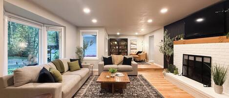 Smart TV, fireplace, books