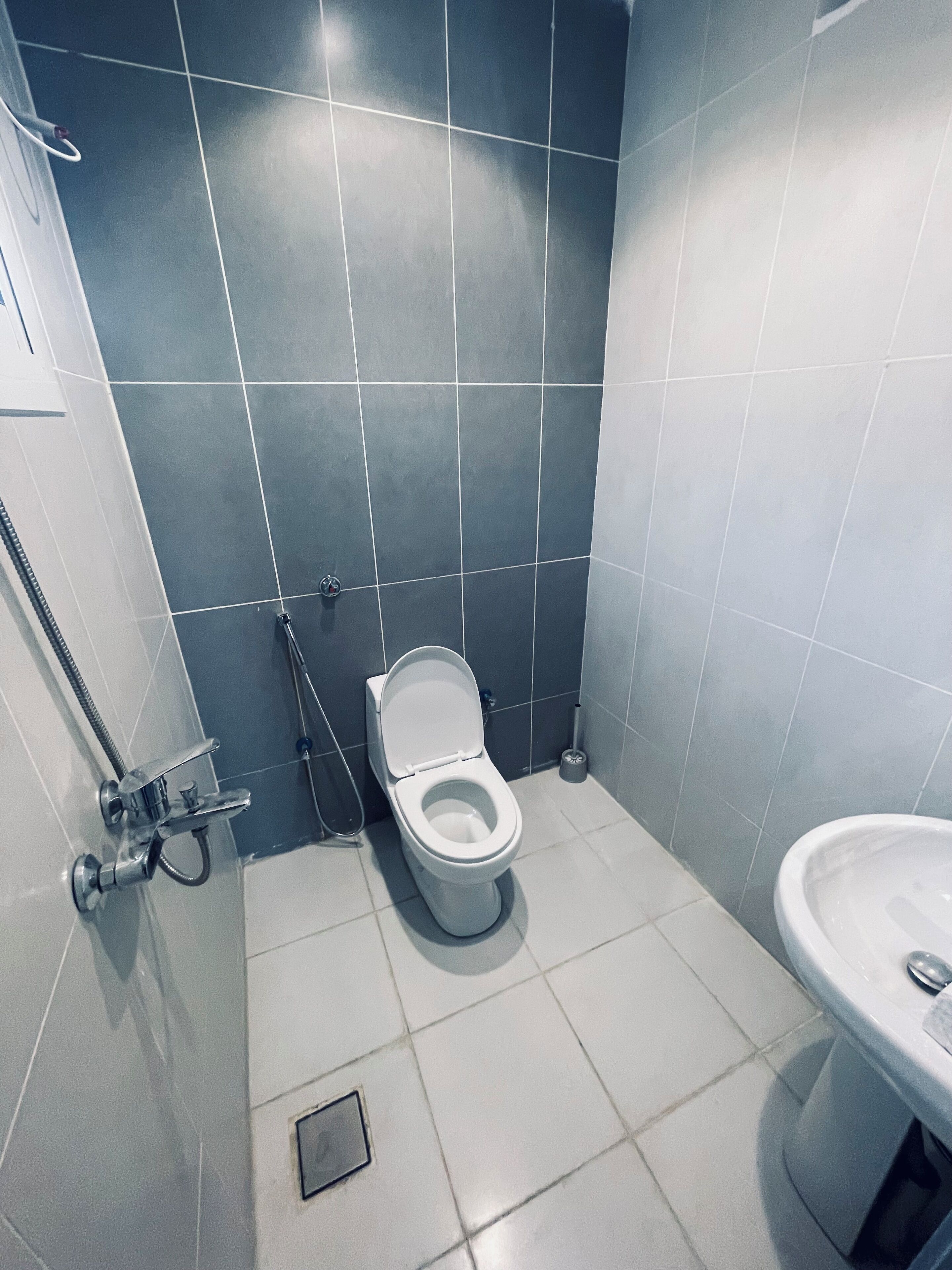Une salle de bain équipée de toilettes, d’un bidet et d’un lavabo.