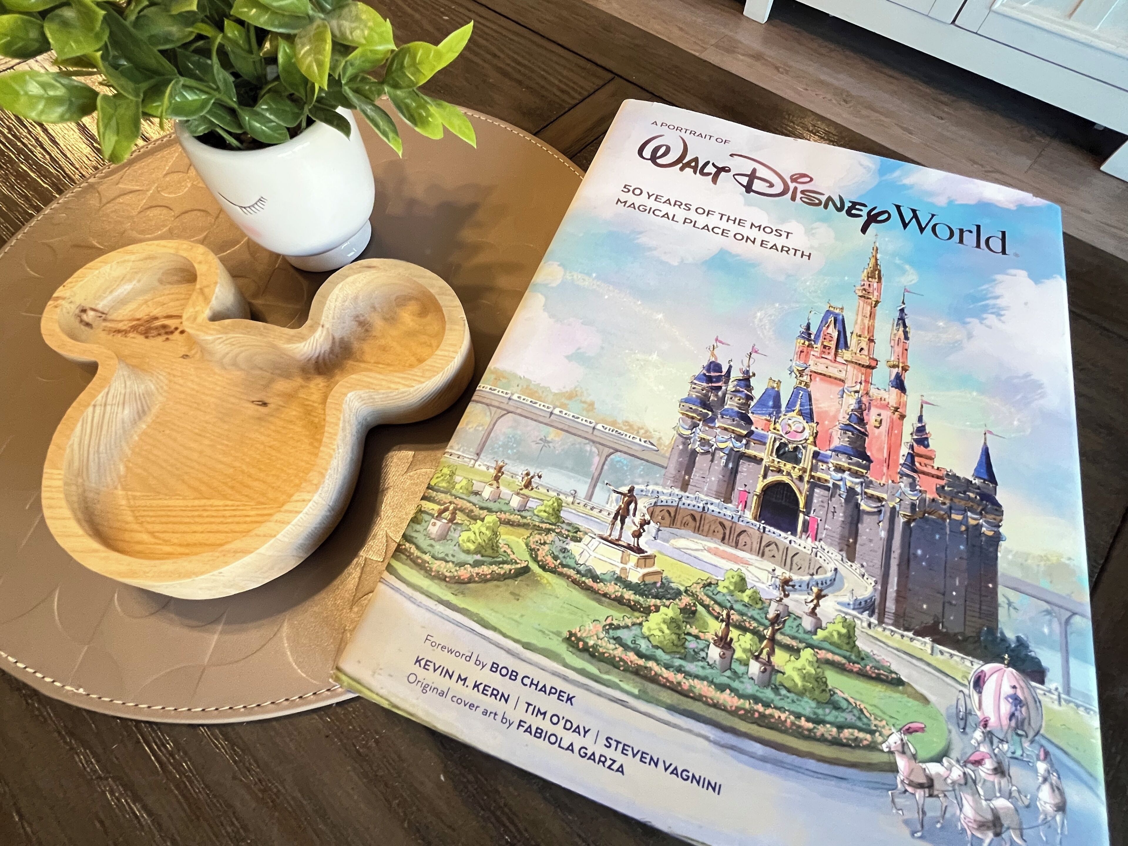 A book titled "A Portrait of Walt Disney World" with a cover illustration of a castle and a park scene.