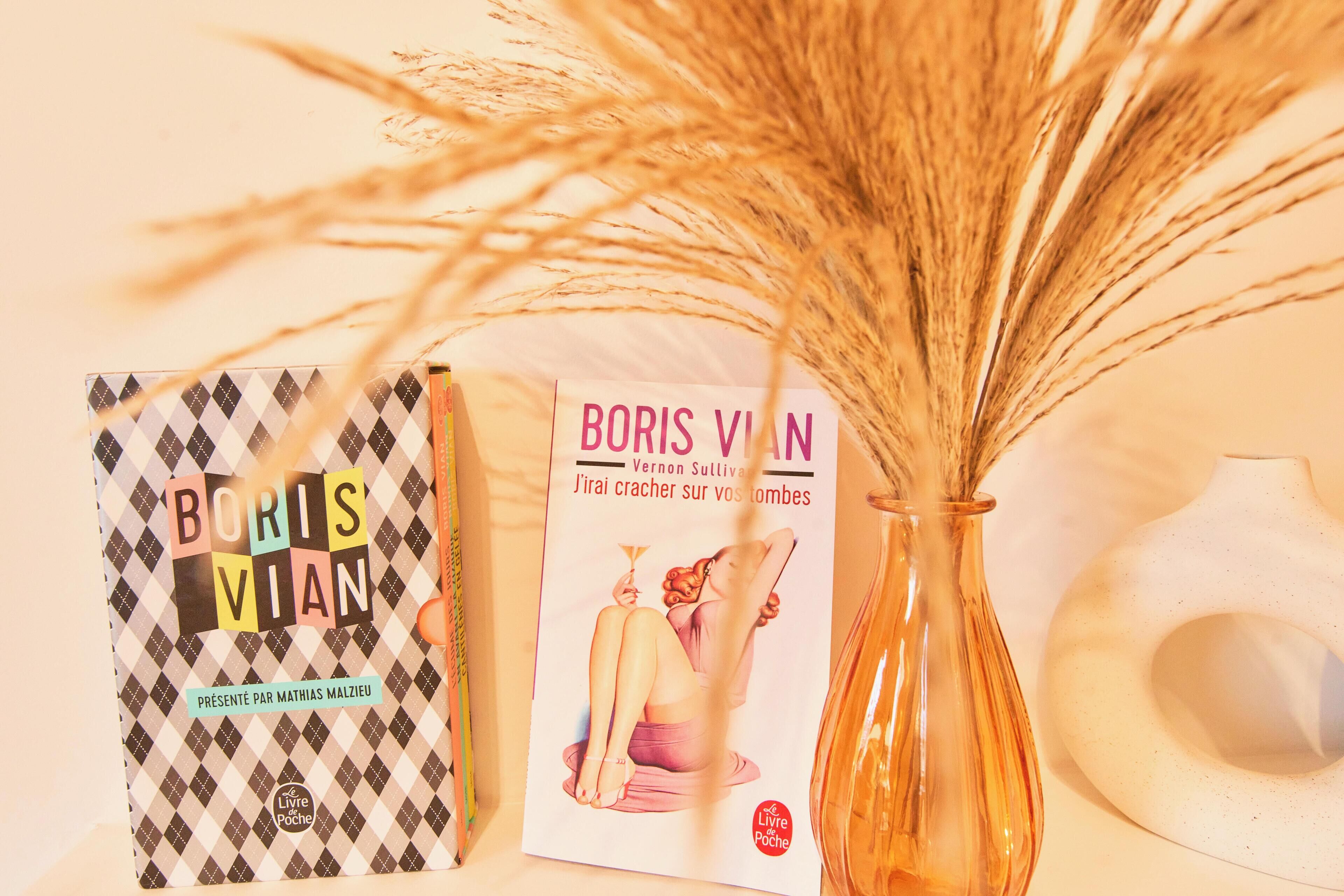 Ein Buch mit dem Titel 'BORIS VIAN' von Veron Sullivan, eine Vase mit getrockneten Pflanzen und ein dekorativer Gegenstand.
