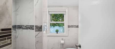 Shower, hair dryer, shampoo