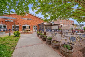 A brick building with a sign reading "Tobacco Mule." - "Abigail", Fenced, Dog friendly Single Level home, in Charming Downtown Apex (Apex)