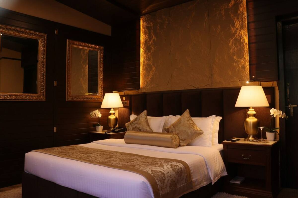 A hotel room with a large bed, two bedside tables with lamps, a mirror, and a wooden headboard.
