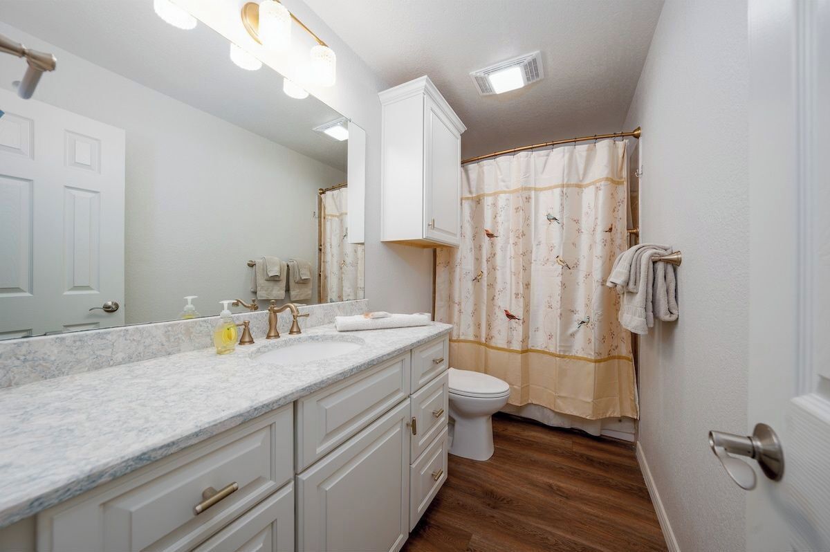 A bathroom with a white vanity, a toilet, a shower curtain with a floral pattern, and a mirror with lights above.