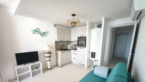 Un espace de vie compact comprenant un coin cuisine, un téléviseur à écran plat, un canapé et une lampe.