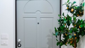 Une porte grise fermée, dotée d’une poignée de porte et d’un trou de serrure, un paillasson et un pot de fleurs contenant une plante aux feuilles vertes et aux fruits jaunes.