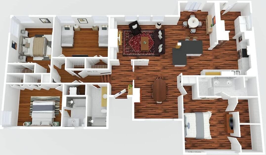 A floor plan of a hotel room with a living area, a dining area, a kitchen, and a bathroom.