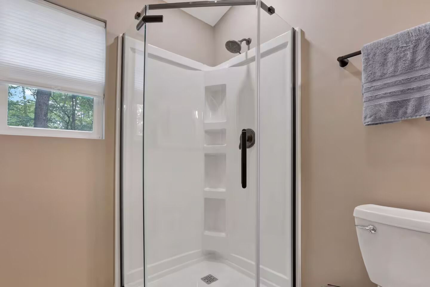 A glass-enclosed shower stall with a handheld showerhead, a white toilet, and a towel rack with a towel.