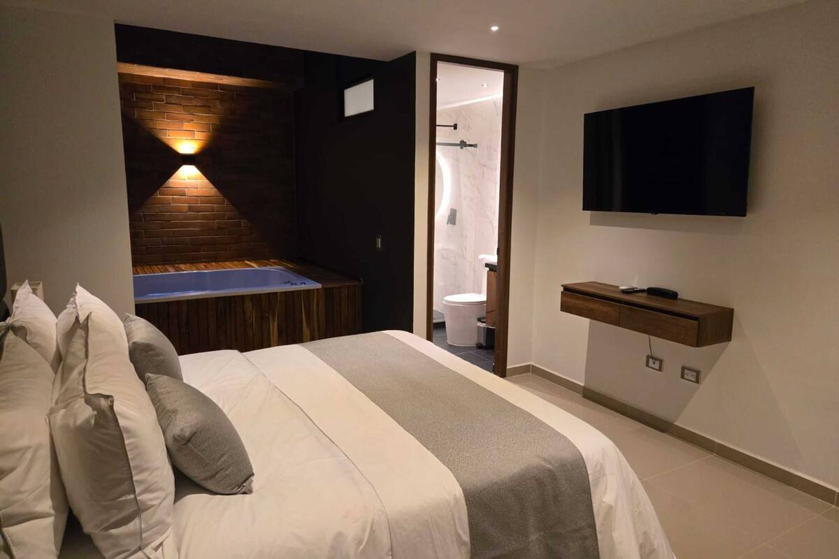 A modern bedroom with a large bed, a built-in jacuzzi, a TV, and a small bathroom.