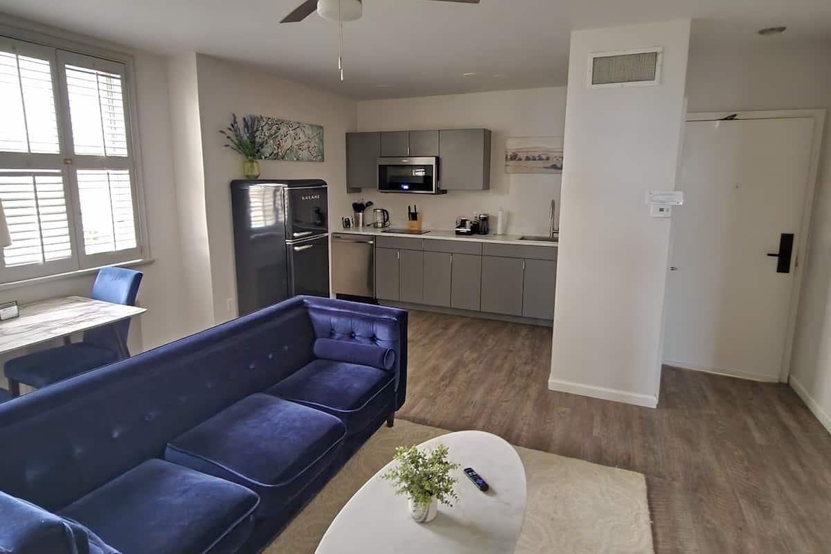 A modern living room with a dark blue sofa, a white coffee table with a plant, a ceiling fan, and a kitchen area with grey cabinets and a microwave.