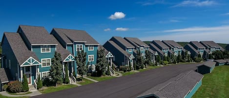 A row of modern, two-story houses with steep roofs and blue siding, arranged along a tree-lined street.