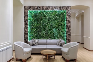 Un salón moderno con un sofá gris, dos sillones y una mesa de centro de madera. Detrás del sofá, una pared verde iluminada con un diseño de hojas.