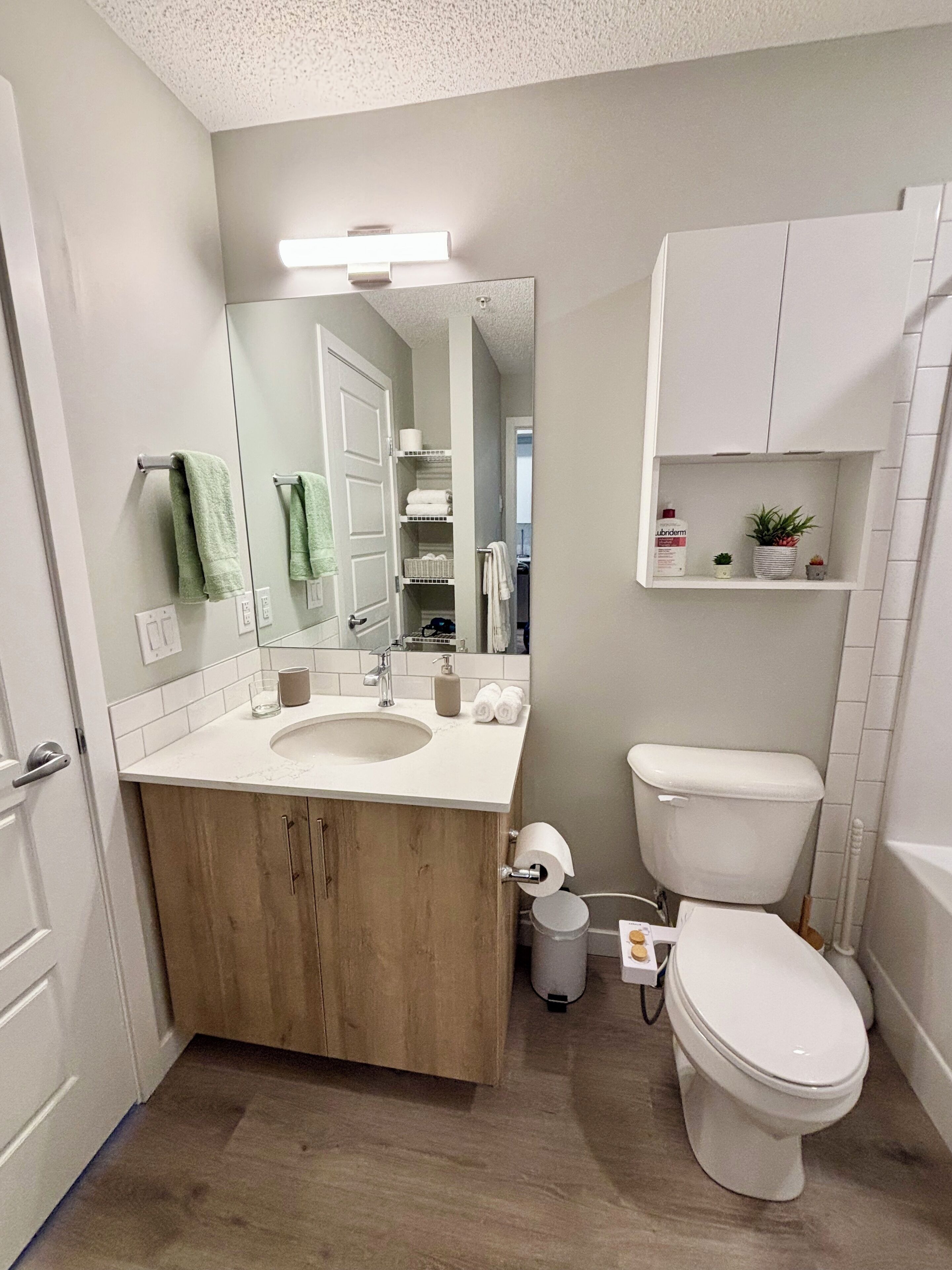 Secador de cabelo, bidê, toalhas de banho, sabonete